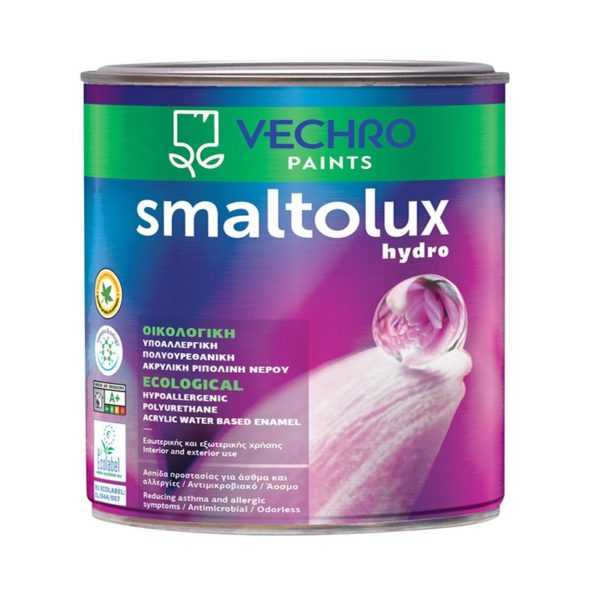 Smaltolux Hydro Οικολογική, άοσμη, υδατοδιαλυτή, πολυουρεθανική ακρυλική ριπολίνη νερού, ιδανική για εσωτερική και εξωτερική χρήση. Υποαλλεργική με αντιμικροβιακή ιδιότητα