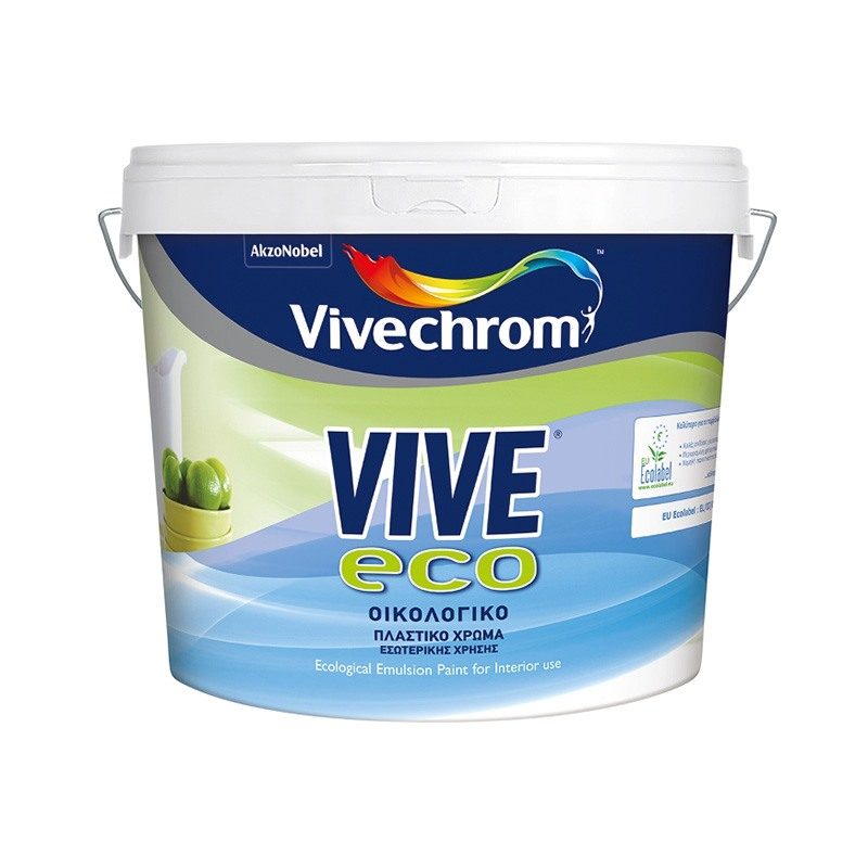 VIVE ECO Είναι οικολογικό πλαστικό χρώμα εσωτερικής χρήσης, κατάλληλο για την βαφή επιφανειών όπως σοβάς, σπατουλαριστές επιφάνειες, μπετόν, γυψοσανίδες