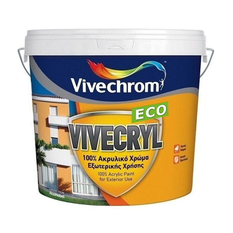 VIVECRYL ECO Είναι 100% ακρυλικό οικολογικό χρώμα εξωτερικής χρήσης για απόλυτη προστασία από τον ήλιο, τη βροχή και το χιόνι και έχει μεγάλη διάρκεια ζωής